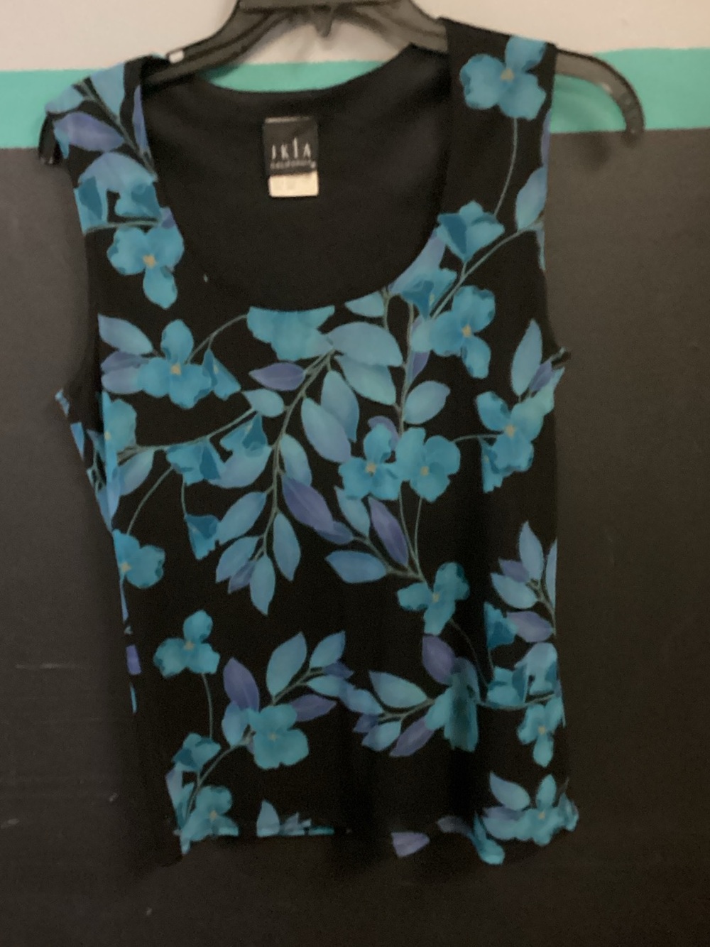 IKIA Black Tank Top with Blue Floral Print